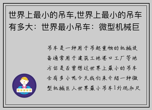 世界上最小的吊车,世界上最小的吊车有多大：世界最小吊车：微型机械巨人